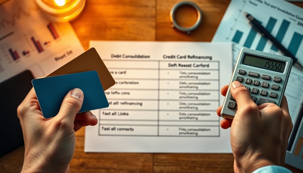 Person comparing credit cards with a calculator in front of a chart titled debt consolidation vs credit card refinancing