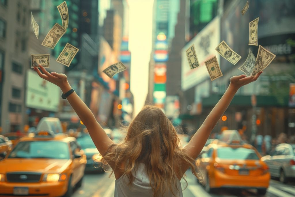 A young woman celebrates financial freedom as dollars bills float in the air around her in a busy city street