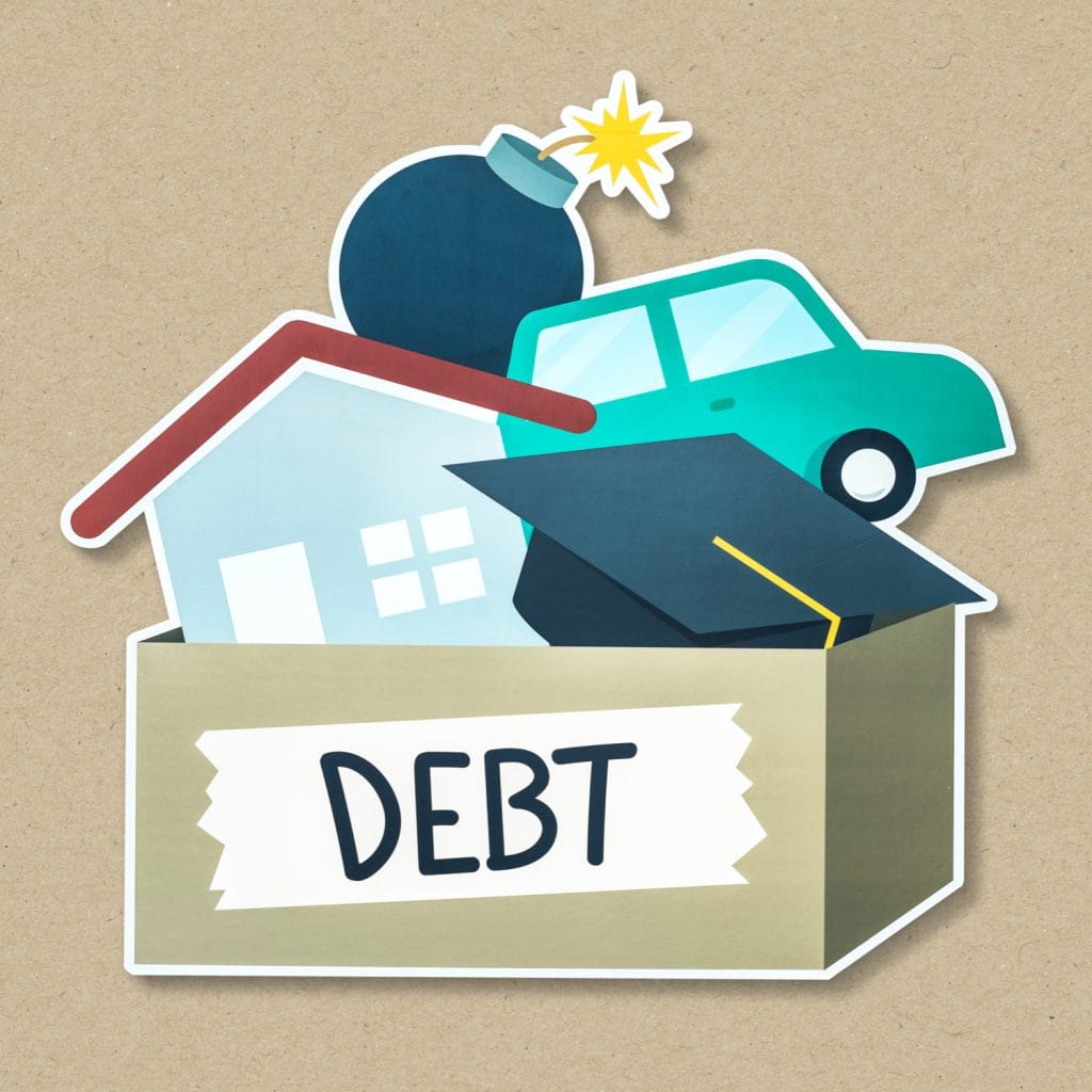 Illustration of debt types including home, auto, student loan and credit stress