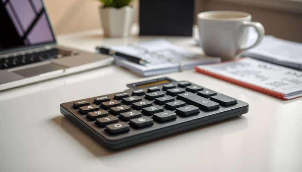 A detailed, high-resolution image of a consolidation calculator with a sleek, modern design. The calculator is prominently displayed on a clean, minimalist desk, surrounded by neatly organized financial documents, a laptop, and a cup of coffee. The overall scene conveys a sense of productivity, organization, and a focus on financial well-being. The lighting is soft and natural, with a warm, inviting ambiance. The composition emphasizes the calculator as the central focus, with the other elements in the background providing context and a sense of a professional, yet relaxed workspace.