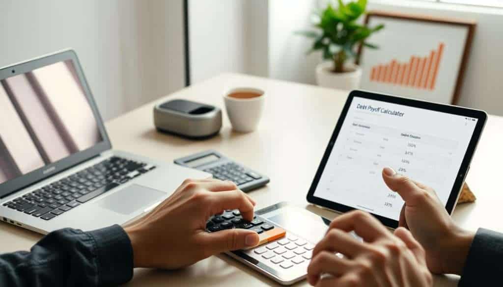 A sleek, modern desktop workspace with a silver laptop, a stylish desk calculator, and a tablet displaying a debt payoff calculator app. The lighting is soft and diffused, creating a calming, professional atmosphere. In the foreground, a person's hands are shown interacting with the calculator, deep in concentration as they input figures and analyze their debt reduction plan. The background features minimalist decor, with a potted plant and a framed financial graph on the wall, symbolizing the user's journey towards financial freedom. The entire scene conveys a sense of control, organization, and a systematic approach to tackling debt.
