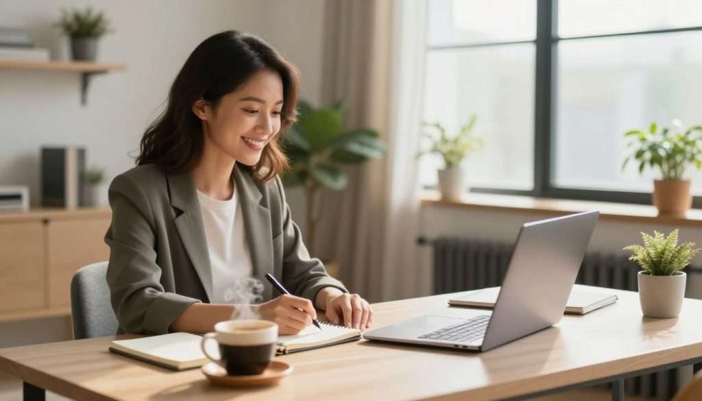 A bright, modern home office scene focusing on an inviting workspace. In the foreground, a neatly organized desk featuring a laptop, a notepad, and a steaming cup of coffee. To the left, a professional woman in smart casual attire, engaged in a video call with a laptop open in front of her, smiling and taking notes. The middle ground includes a comfortable chair and a few houseplants to add a touch of nature. In the background, a large window allowing natural light to pour in, illuminating the room with a warm glow. The atmosphere is one of productivity and focus, with soft lighting creating a cozy ambiance. The overall composition should evoke a sense of motivation and professionalism, ideal for remote career tips.
