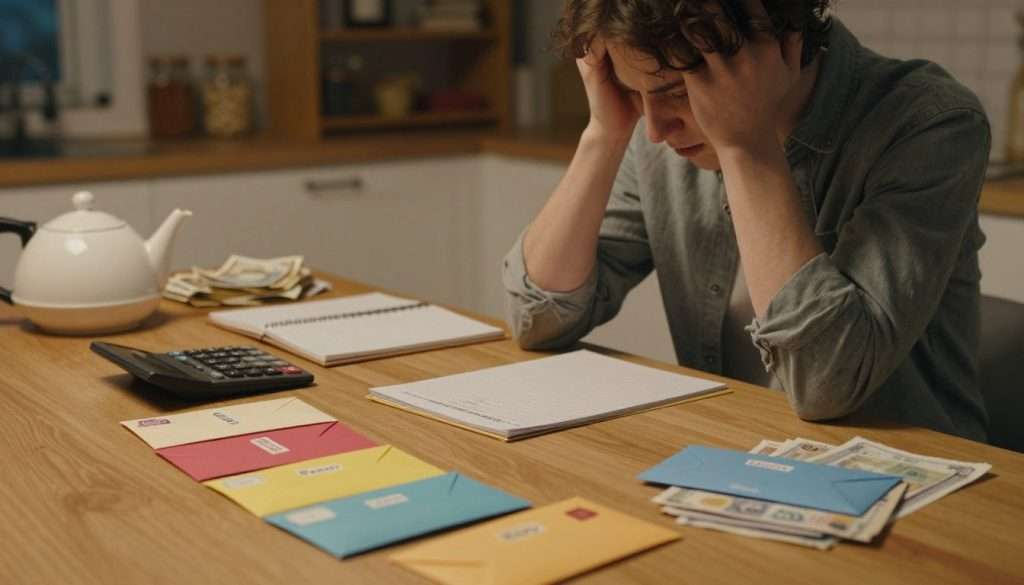 A cozy kitchen setting at night, softly illuminated by warm, ambient light. In the foreground, a person in casual yet neat clothing, looking focused and slightly stressed, sits at a wooden table covered with various colored cash envelopes labeled for different budgeting categories. The envelopes are neatly arranged alongside a calculator and scattered bills. In the middle ground, a teapot and a notepad hint at the ongoing budgeting process. In the background, kitchen shelves display jars and cookbooks, enhancing the homey atmosphere. The scene conveys a sense of determination and organization, emphasizing the practical application of the cash envelope system for managing discretionary spending. The overall mood is supportive and warm, indicative of a constructive budgeting effort.
