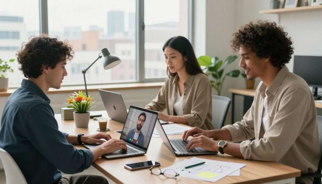 A modern home office scene showcasing the gig economy's trends in 2026. In the foreground, a diverse group of three individuals, one male and two females, are engaged in remote work, dressed in professional casual attire. The male is typing on a laptop, one female is on a video call, and the other is brainstorming ideas with notes scattered around. In the middle ground, a stylish desk cluttered with tech gadgets and a vibrant plant adds life to the workspace. The background features a large window with bright, natural lighting streaming in, illuminating a cityscape view, symbolizing connectivity and opportunity. The mood is energetic and focused, reflecting the dynamic nature of remote work and the gig economy. Use a slightly angled perspective to create depth.