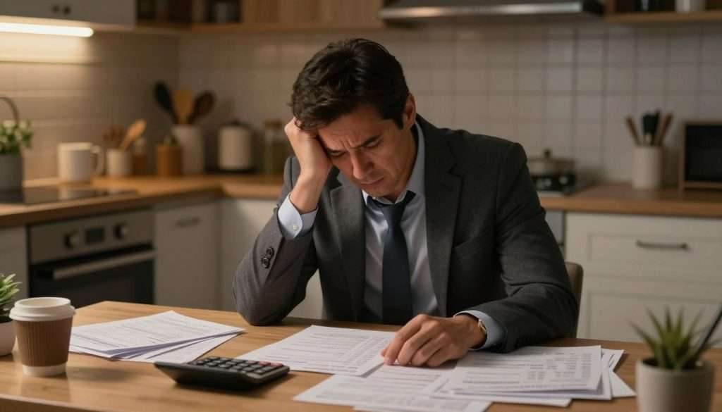 A stressed individual in professional attire, sitting at a kitchen table late at night, surrounded by bills and a calculator. The scene is softly illuminated by warm, intimate lighting, emphasizing the weight of financial stress. The person, a middle-aged man with a worried expression, is intently focused on crunching numbers, with papers strewn about and a coffee cup nearby. In the background, a cozy kitchen can be seen, inviting yet filled with reminders of budgeting challenges. The overall mood conveys a sense of determination and hope, as the person seeks to cut costs and build savings amidst a cluttered, relatable environment. The image has a realistic style, capturing the nuances of momentary stress and the pursuit of financial stability.