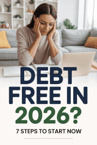 Debt payoff plan 2026 pin: ‘Debt Free in 2026? 7 Steps to Start Now’ for paying off credit card debt faster, budgeting, and proven debt reduction strategies.