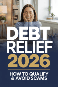 Woman smiling relieved looking at financial documents, credit card debt relief guide 2026