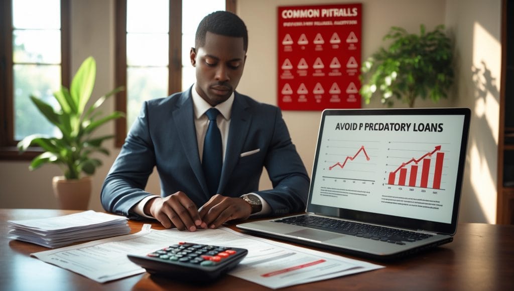 Professional reviewing documents and avoiding debt traps: calculator, bills, and laptop showing debt consolidation loan tips.