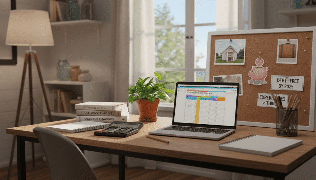 A cozy home office scene showcasing practical survival tips for a no-spend challenge. In the foreground, a well-organized desk filled with budgeting tools, such as a calculator, notebooks, and a laptop displaying a financial spreadsheet. A potted plant adds a touch of life. In the middle, a stack of resourceful books about frugal living and saving strategies, along with a colorful vision board that highlights financial goals. The background features a window with soft, natural light streaming in, creating a warm and inviting atmosphere. The overall mood is hopeful and motivational, inspiring viewers to adopt new habits. Use a standard lens at eye level to capture every detail clearly, focusing on the creative organization of the workspace.
