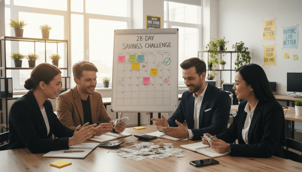 A vibrant and warm scene illustrating the emotional and financial benefits of a savings challenge. In the foreground, a diverse group of four adults, dressed in professional business attire, joyfully examining a stack of cash and budgeting tools like notebooks and calculators. In the middle, a large calendar displays the 28-day savings goal, decorated with colorful sticky notes and checkmarks, symbolizing progress and achievements. In the background, a sunlit office space with greenery and motivational posters about saving money. Soft, natural lighting enhances the positivity and determination in the atmosphere, creating an inspiring and encouraging mood, with a focus on community and success without suffering. Wide-angle perspective to emphasize collaboration and motivation.