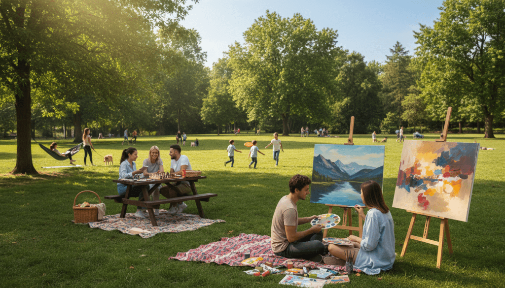 A vibrant outdoor park scene showcasing a diverse group of people enjoying various free activities. In the foreground, two friends are painting a picturesque landscape on a canvas, surrounded by colorful picnic blankets and art supplies. In the middle ground, a family plays frisbee, while a couple enjoys a friendly game of chess on a picnic table. The background features lush green trees and a clear blue sky, with sunlight filtering through the leaves, creating warm, inviting shadows. The mood is cheerful and light-hearted, evoking a sense of community and joy in simple pleasures. Various leisure activities like reading, yoga, and dog walking can be subtly included in the scene, emphasizing the theme of fun without spending money. The image is captured from a slightly elevated angle, providing a panoramic view of the lively park atmosphere.