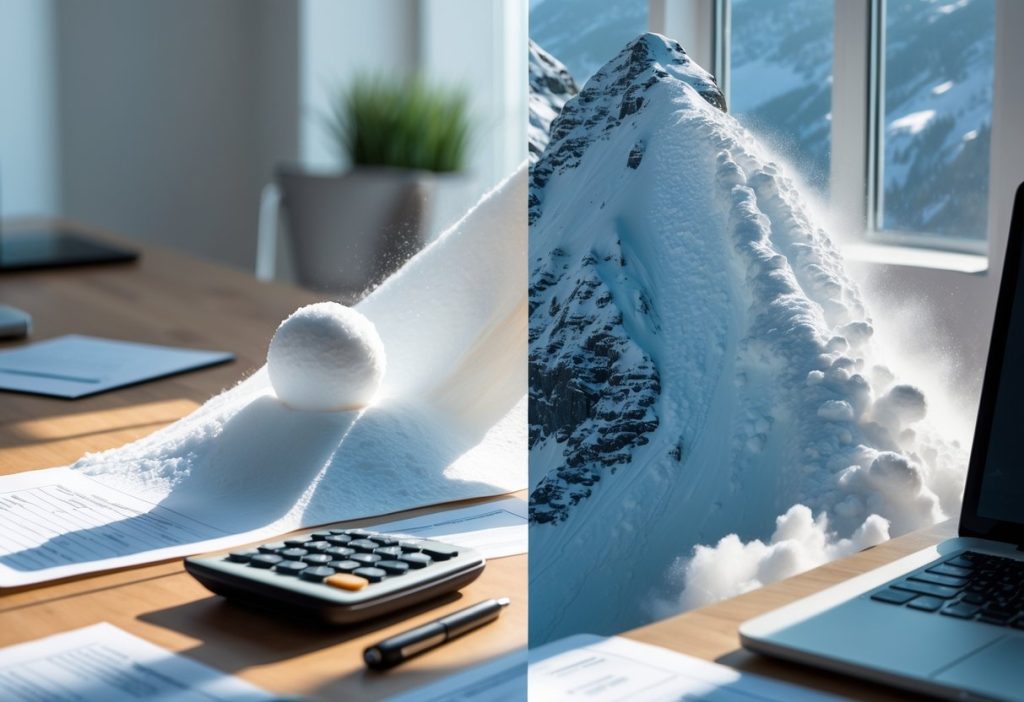 Desk with calculator and paperwork showing debt snowball vs debt avalanche strategy with snowy mountain background