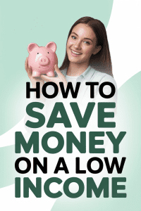 Young woman smiling while holding a piggy bank and dollar bills – how to save money on a low income