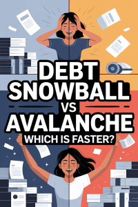 Before and after split image showing stressed person with bills vs happy person celebrating – debt snowball vs debt avalanche method explained