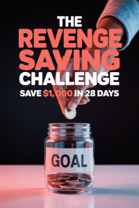 Hand dropping a coin into a savings jar – The Revenge Saving Challenge to save $1,000 in 28 days