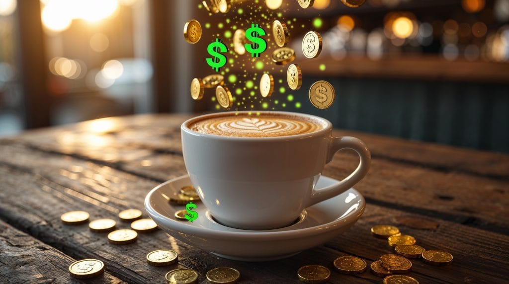 Latte factor calculator visualization showing gold coins floating from a coffee cup representing compound interest savings