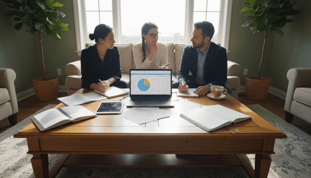 Three professionals discussing financial planning around a table with a laptop showing a pie chart, symbolizing collaborative budget management and No-Spend Month challenge.