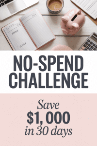 Top view of a desk with a notebook, piggy bank, coffee, and calculator showing how to start a no spend month challenge to save $1,000 in 30 days 