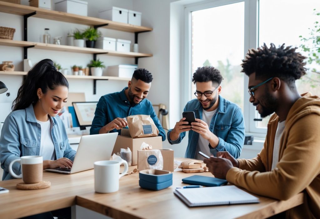 Group of entrepreneurs collaborating on weird side hustles that pay rent, modern coworking space 2026