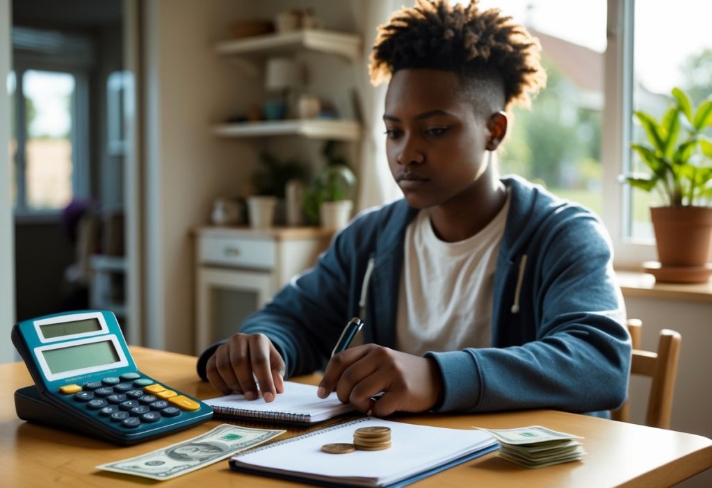 A young adult sitting at a kitchen table, using a calculator and notebook to budget money in a modest home.