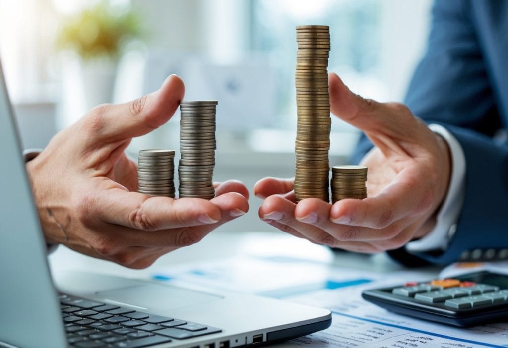 Two hands holding stacks of coins arranged in different orders on a desk with a laptop and financial documents.