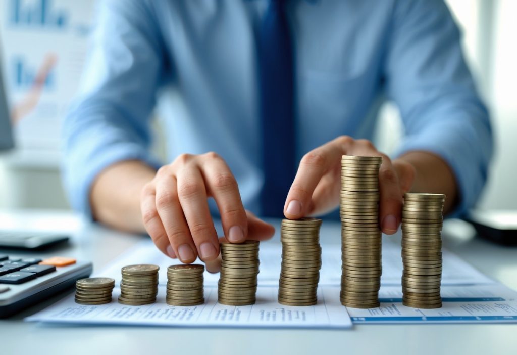 Hands arranging stacks of coins and bills on a desk with financial charts and a calculator in the background.