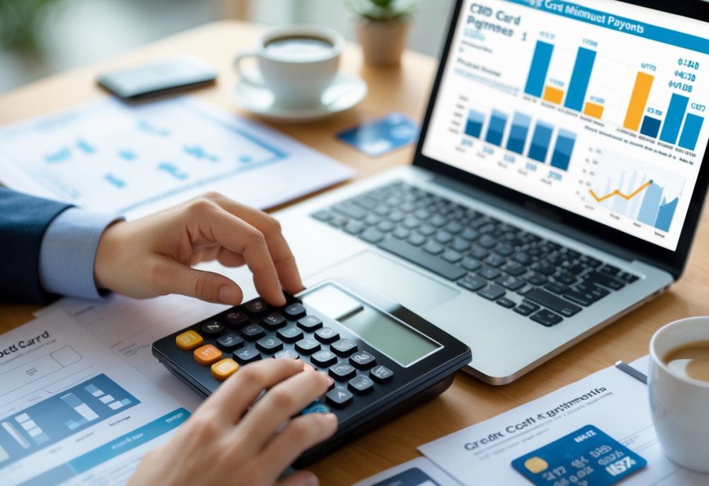 Person using a credit card minimum payment calculator step by step on a laptop with charts and notes