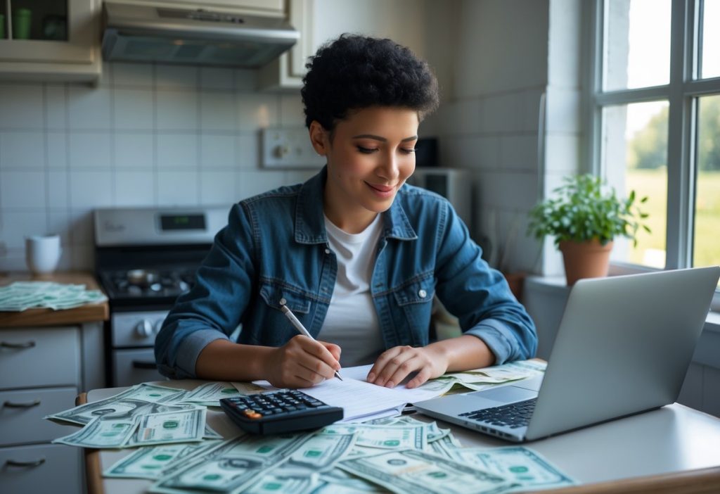 woman using debt payoff method at home with cash and laptop