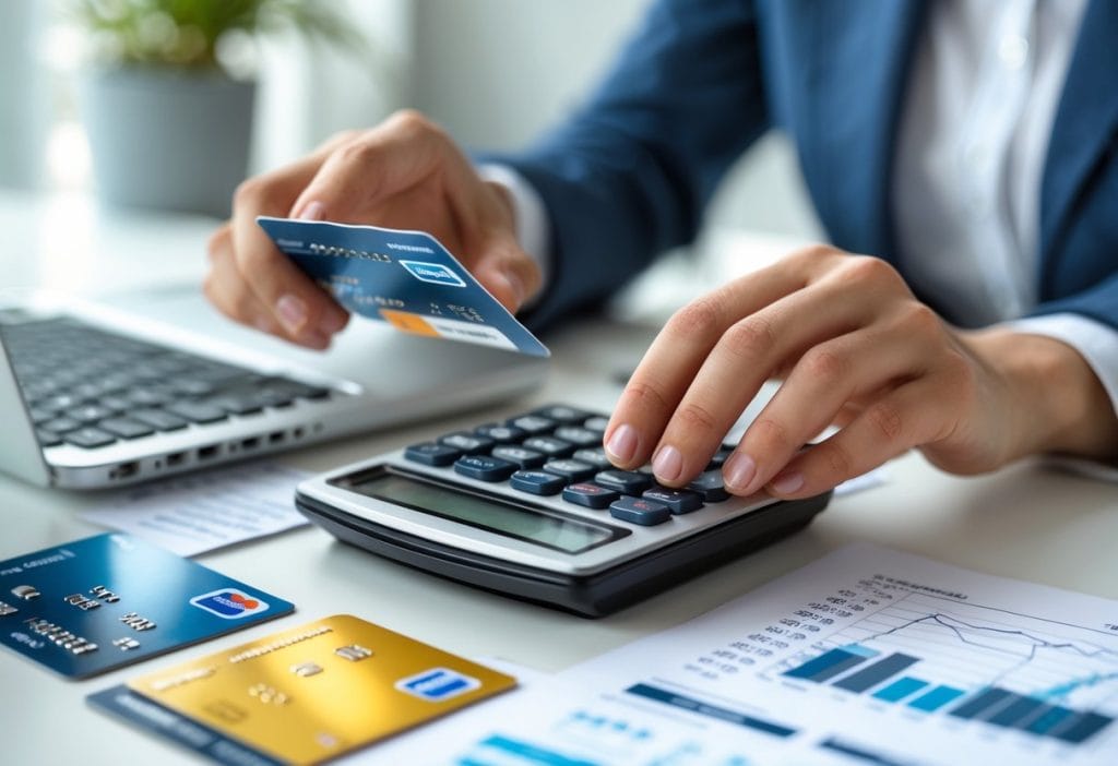 Close up of credit card statements and calculator showing how much credit card minimum payments really cost over time