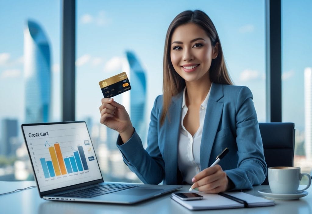 Woman smiling at desk, using a plan to pay off credit card debt fast.