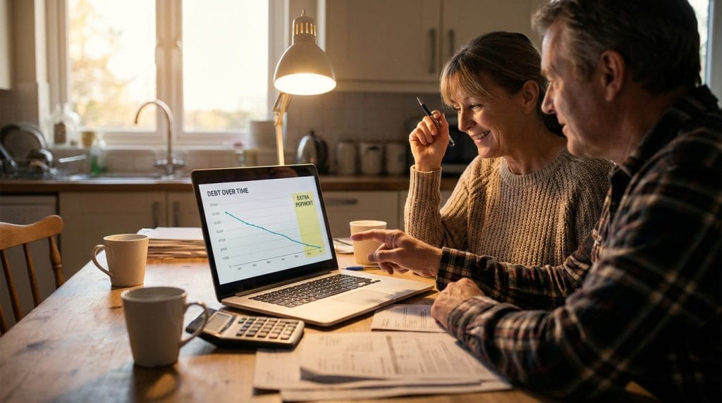 Couple using an extra payment debt payoff calculator on a laptop at the kitchen table.