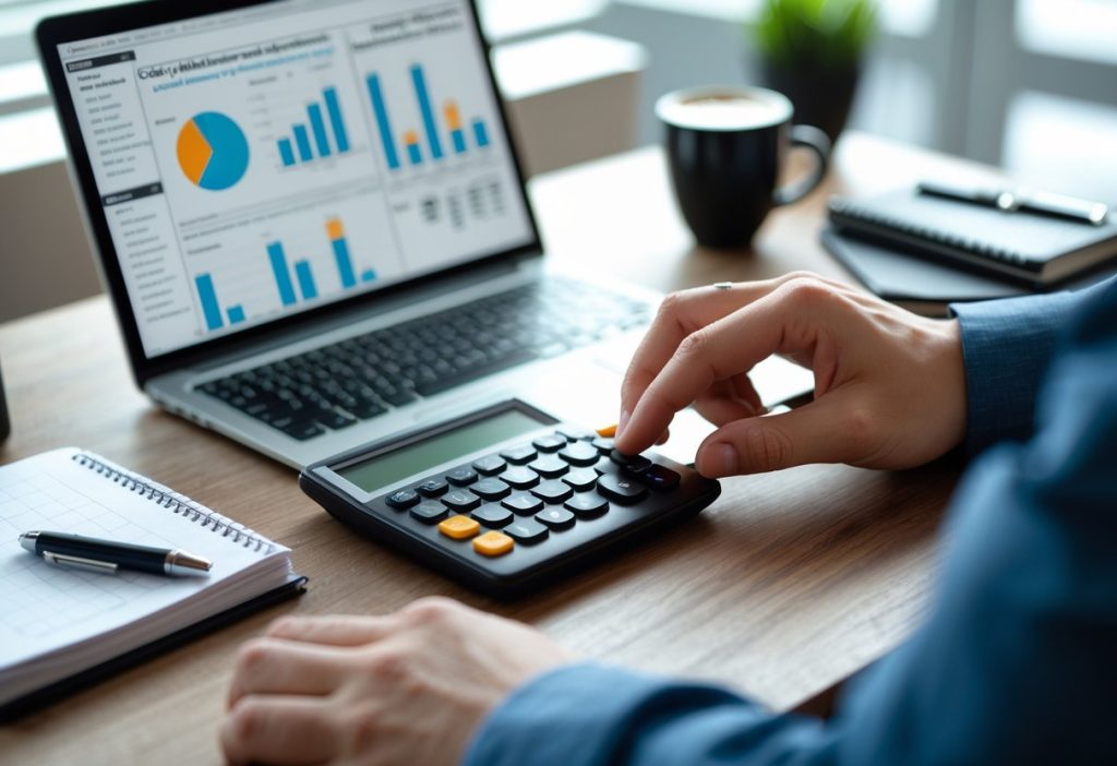 Woman holding a credit card and typing on a calculator next to a laptop to check her credit card minimum payments