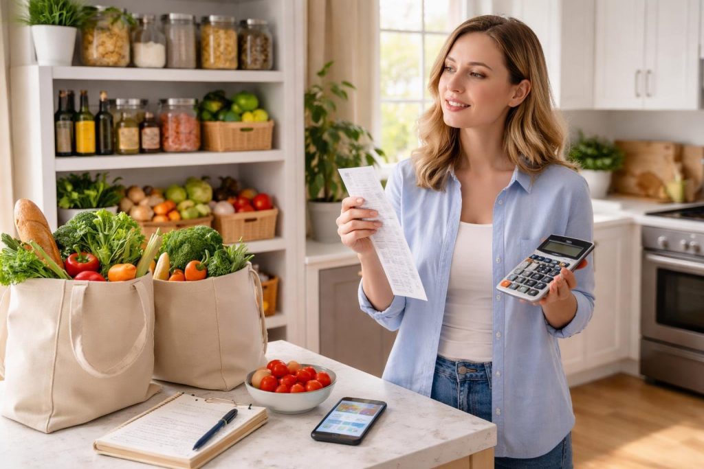 Woman calculating how to cut grocery bill in half while reviewing receipt and groceries
