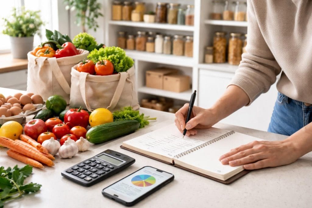 Person writing a grocery shopping list at a kitchen counter surrounded by fresh produce, a calculator, and a smartphone.