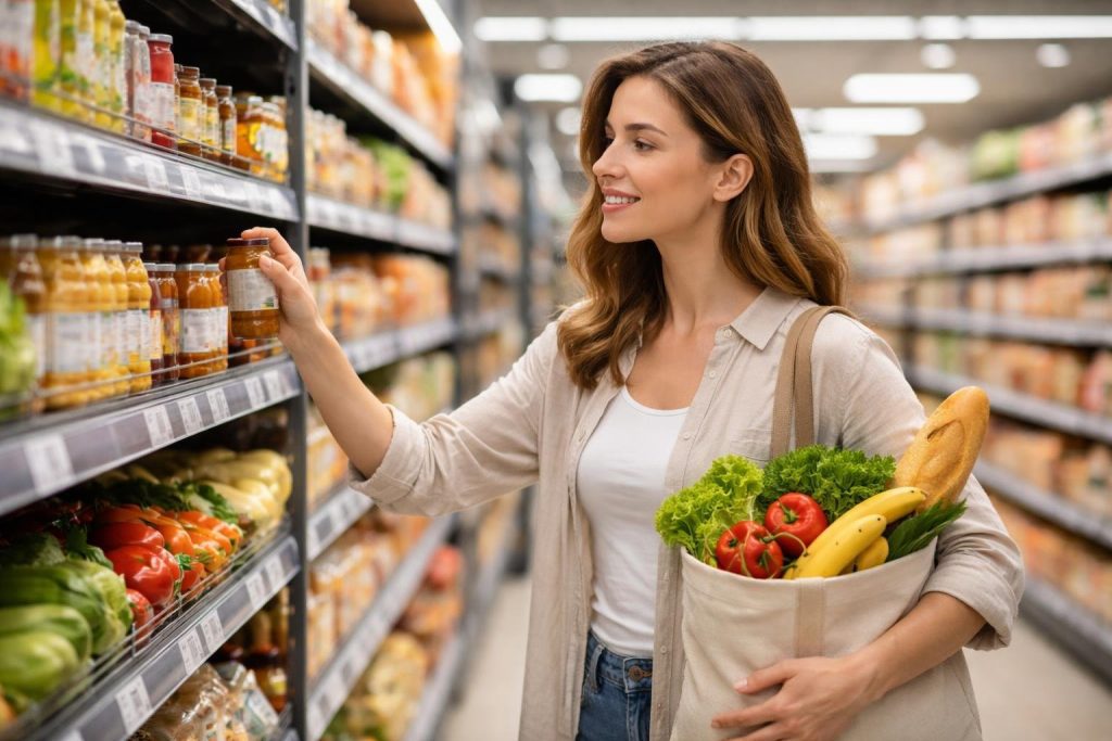 A woman shopping in a grocery store aisle, holding a reusable bag filled with fresh produce while comparing prices on shelves.