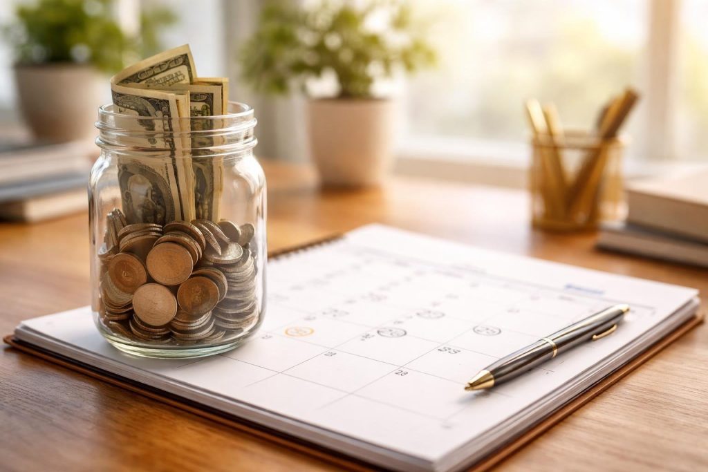 Glass jar filled with coins and dollar bills sitting on a calendar, representing the 52-week savings challenge to pay off debt