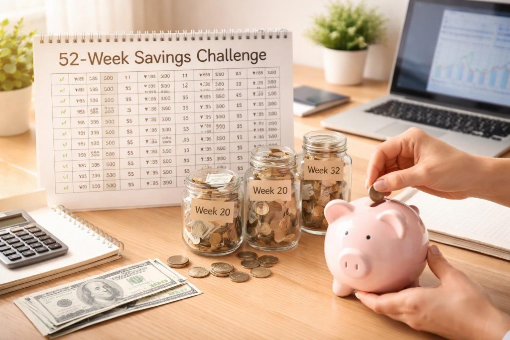 Hands placing coins into a piggy bank next to a calendar and savings jars labeled by week numbers on a desk.