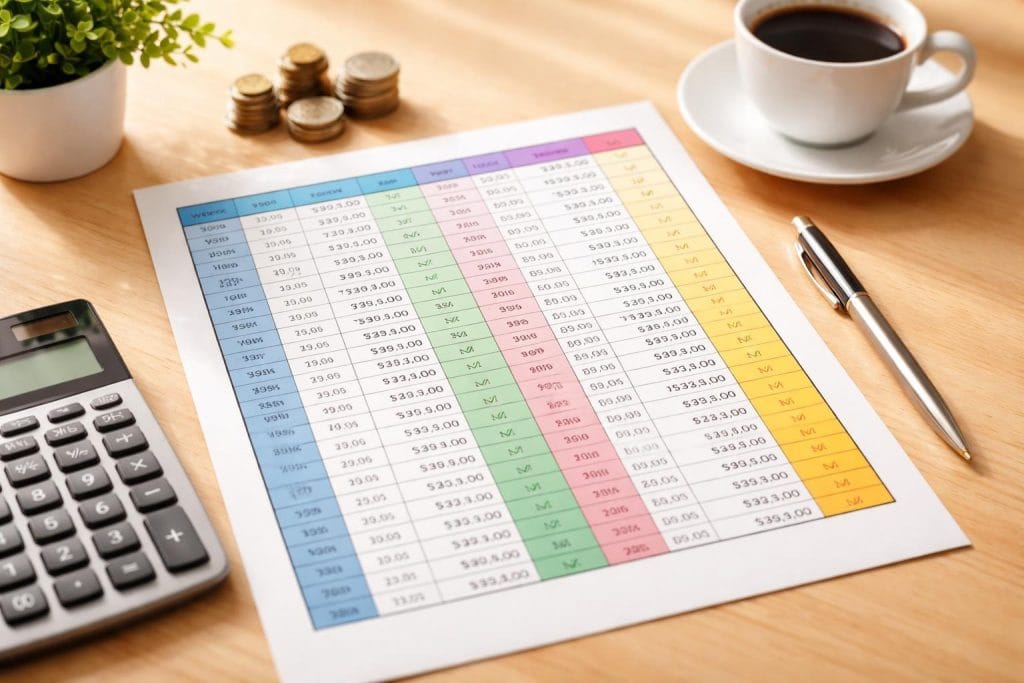 A 52-week savings challenge chart on a desk with a calculator, pen, glasses, and coffee cup nearby.