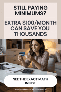 pay off debt faster with extra payments - Pinterest pin showing how $100 extra per month saves thousands on $10,000 credit card debt at breakfreefromdebtnow.com