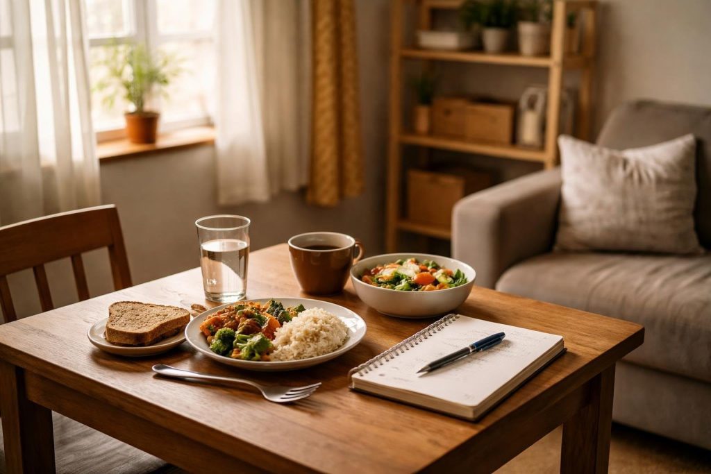 A cozy small dining area with a simple homemade meal, a notebook with a pen, and natural light coming through a window.