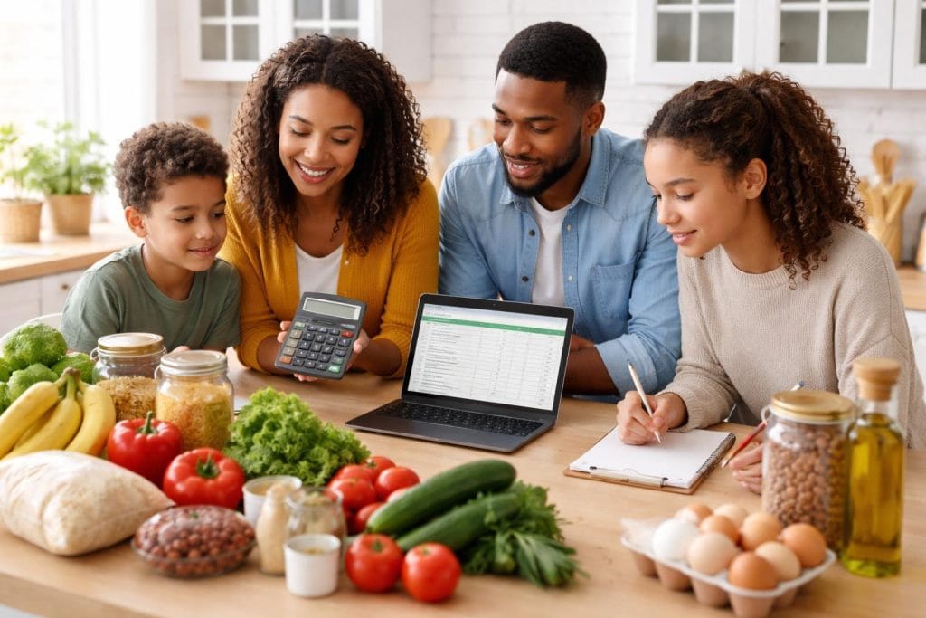 A diverse family planning their grocery shopping together in a bright kitchen with fresh food and budgeting tools.