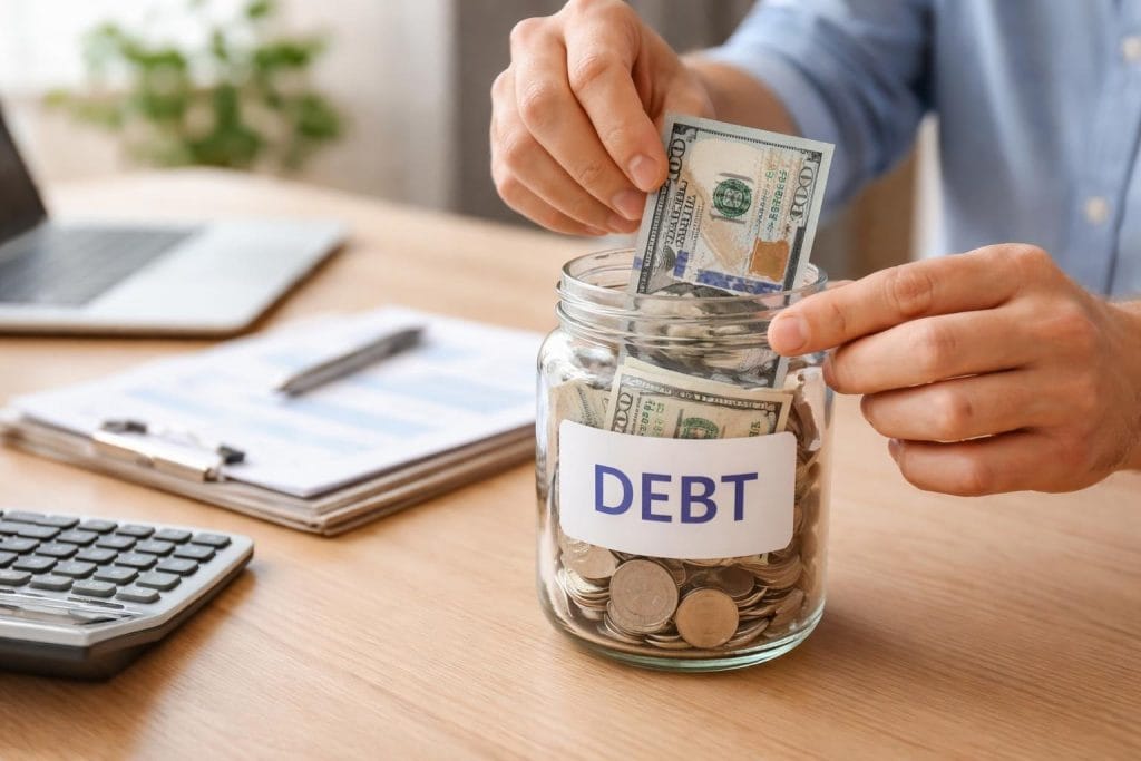 Hands putting money into a jar on a table with a calculator, documents, and a laptop nearby.