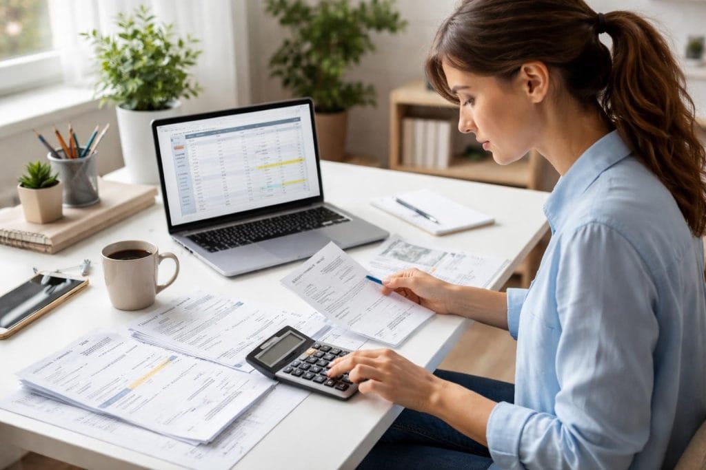 A person sitting at a desk calculating finances with a calculator, documents, and a laptop in a bright home office.