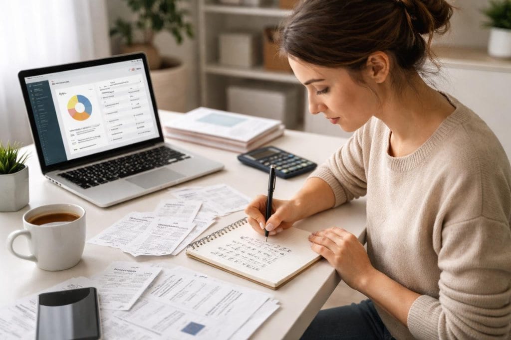 A person sitting at a desk writing expenses on a notepad with financial documents, a calculator, and a laptop nearby.