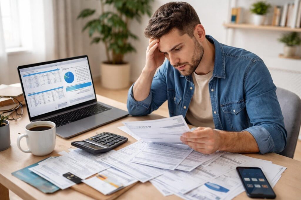 A young adult sitting at a desk surrounded by bills, credit card statements, and a calculator, looking stressed while reviewing financial documents.