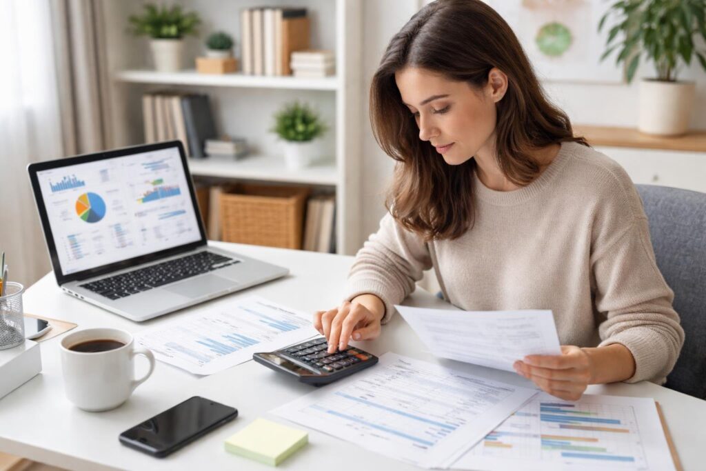 A person at a desk using a calculator and reviewing financial documents with a laptop nearby.
