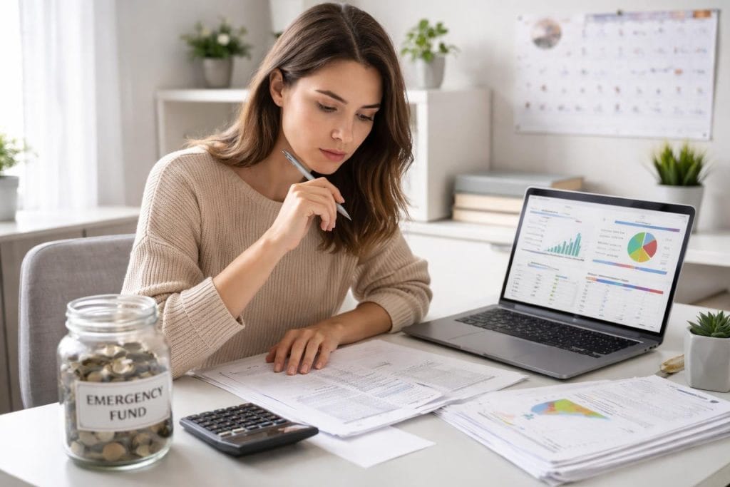 A young adult sitting at a desk with financial documents, a calculator, and a laptop, next to a partially filled jar of money symbolizing saving.