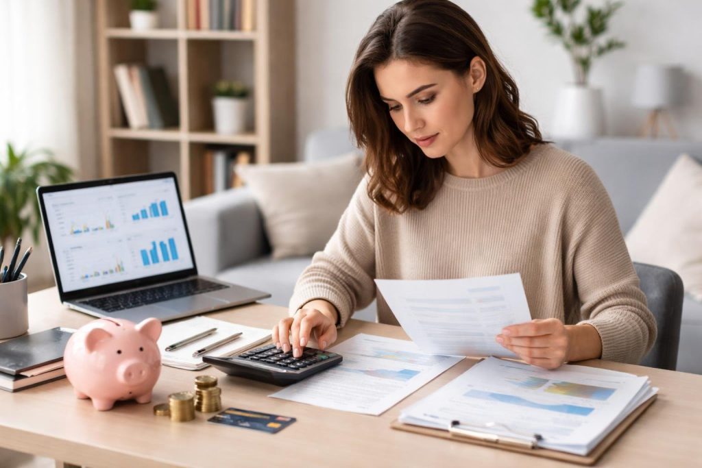 A young adult reviewing financial documents and using a calculator at a desk with a piggy bank and credit card nearby.