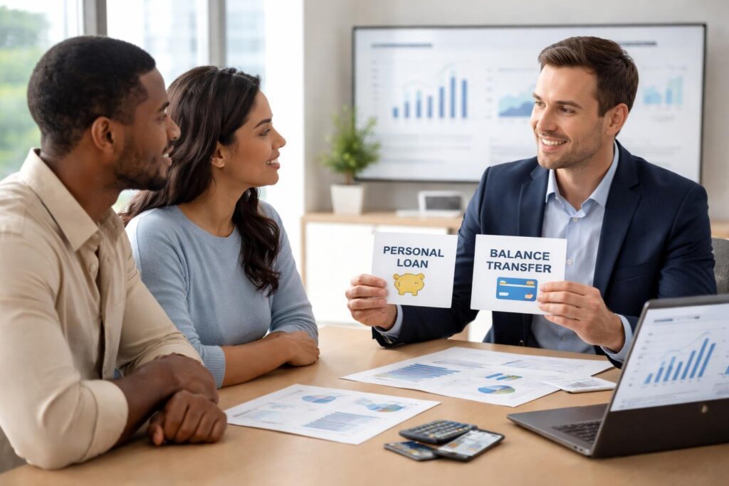 A financial advisor discusses personal loan and balance transfer options with a couple at a desk in an office.
