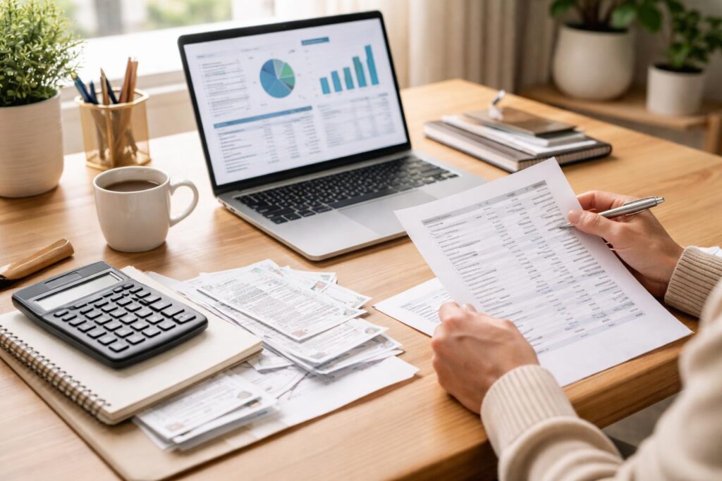 Person sitting at a desk reviewing financial documents with a laptop, calculator, and bills in a well-lit home office.